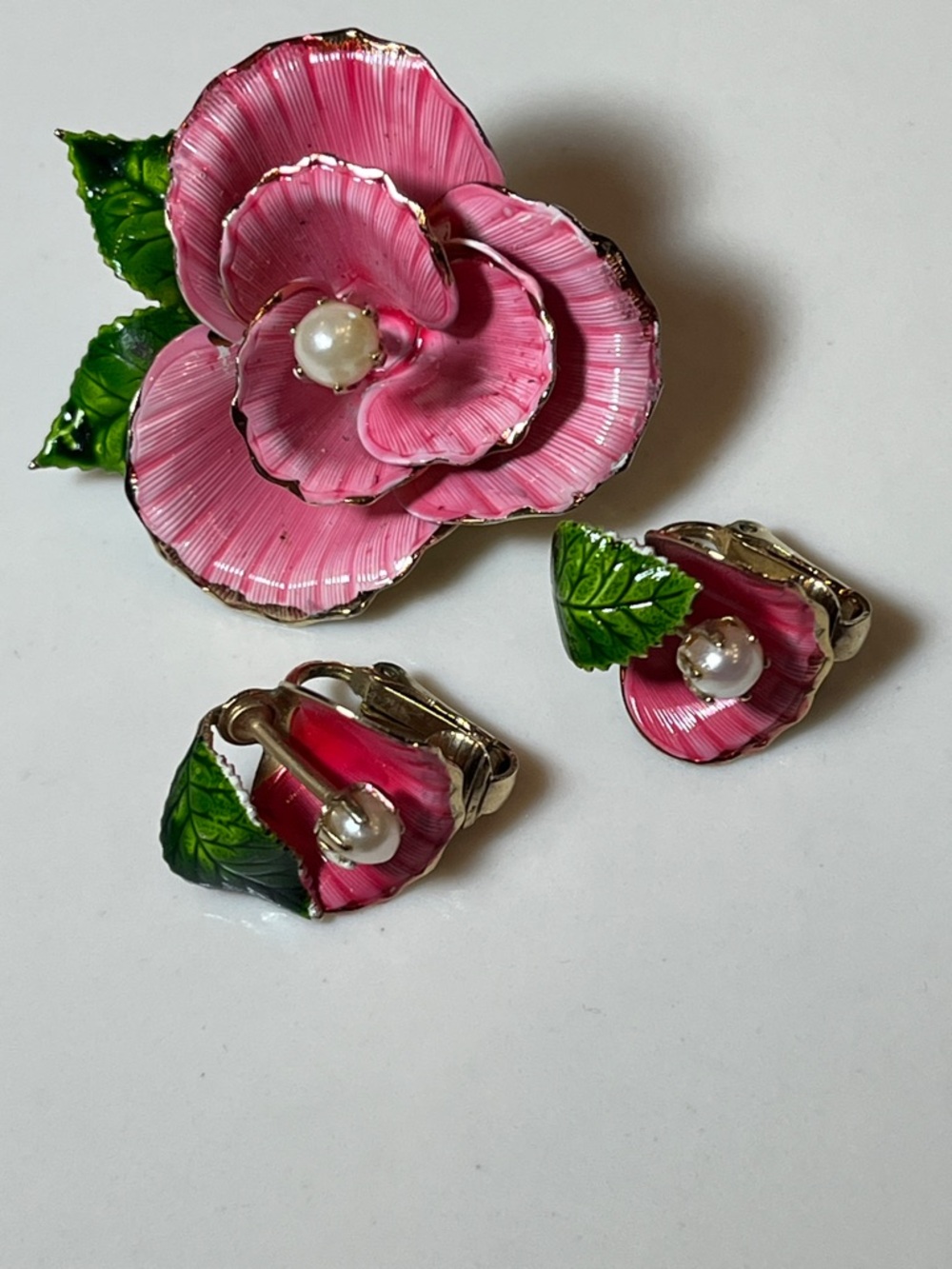 Pink Enamel Flower Accent with Pearl Center Vintage Brooch & Clip-On Earring.